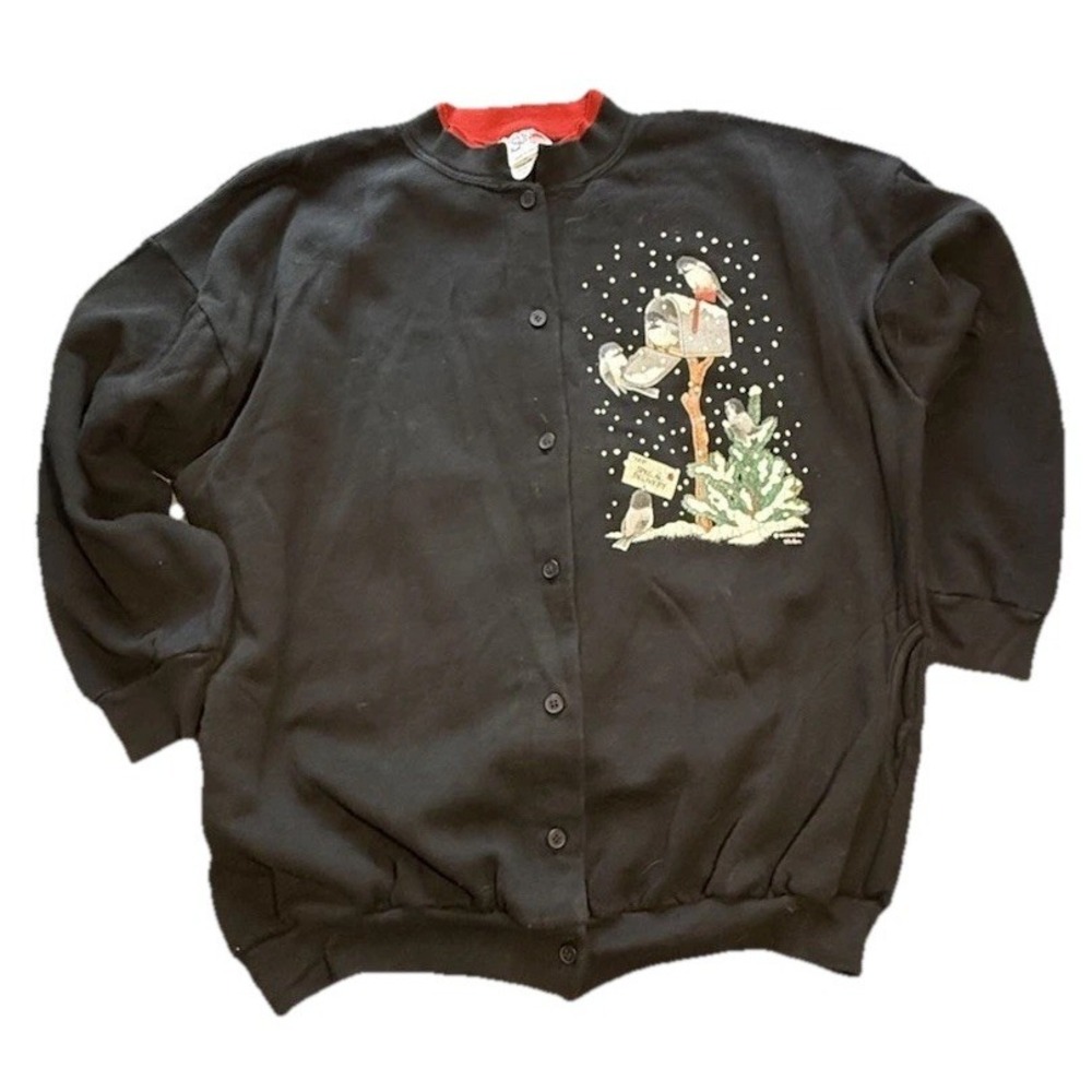 Vintage Morning Sun Black Winter Birds Christmas Cardigan Button Front USA 90s